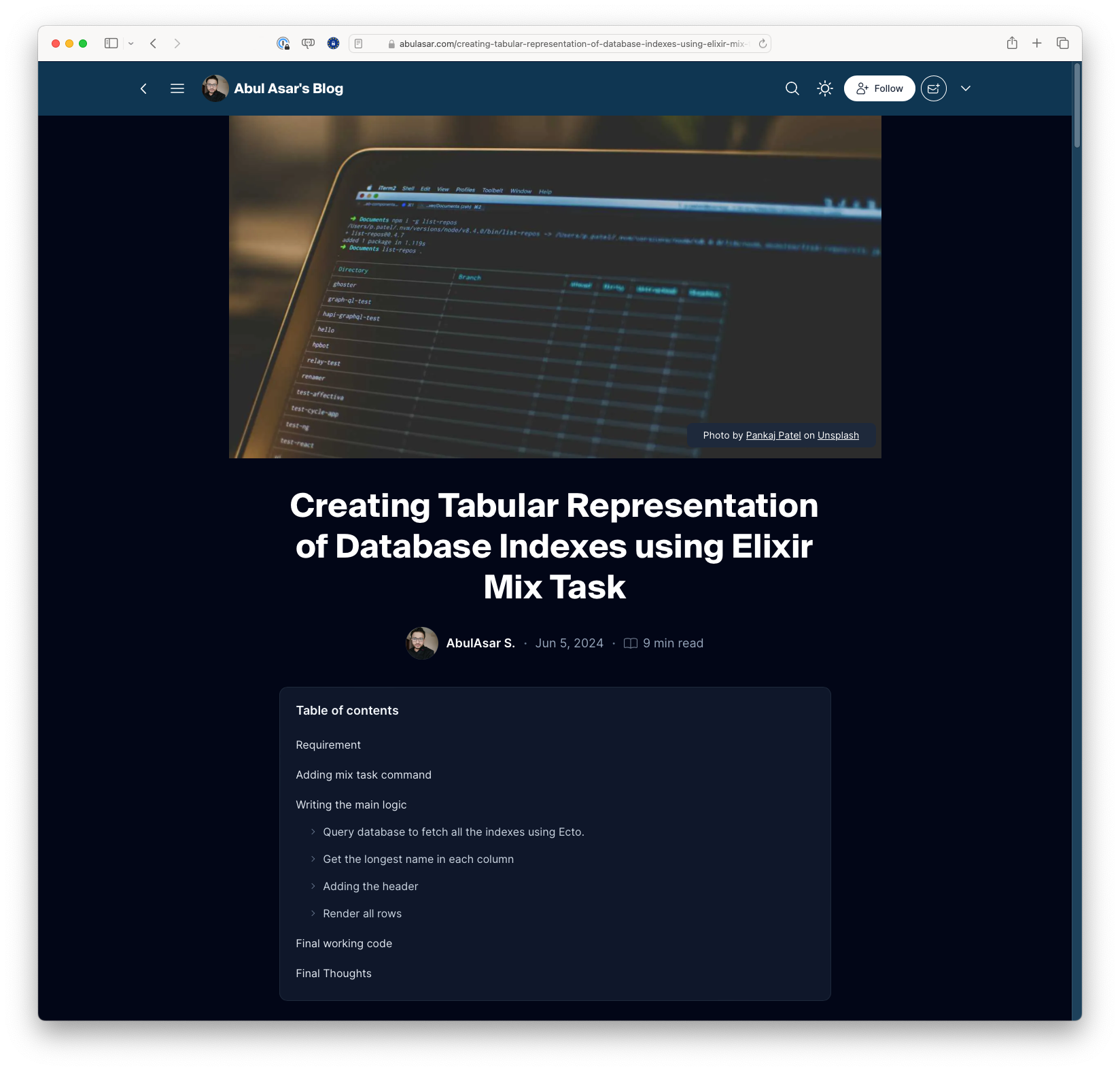 Creating Tabular Representation of Database Indexes using Elixir Mix Task
