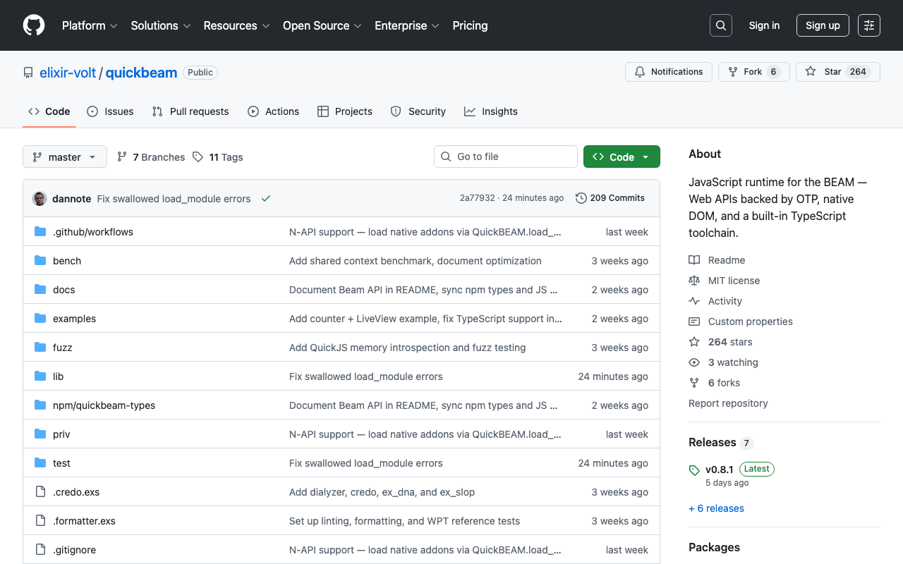 GitHub - elixir-volt/quickbeam: JavaScript runtime for the BEAM — Web APIs backed by OTP, native DOM, and a built-in TypeScript toolchain. · GitHub
