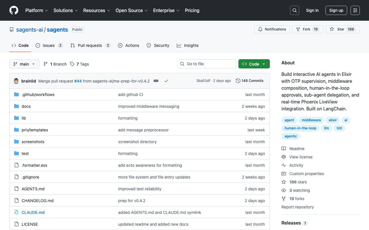 GitHub - sagents-ai/sagents: Build interactive AI agents in Elixir with OTP supervision, middleware composition, human-in-the-loop approvals, sub-agent delegation, and real-time Phoenix LiveView integration. Built on LangChain. · GitHub
