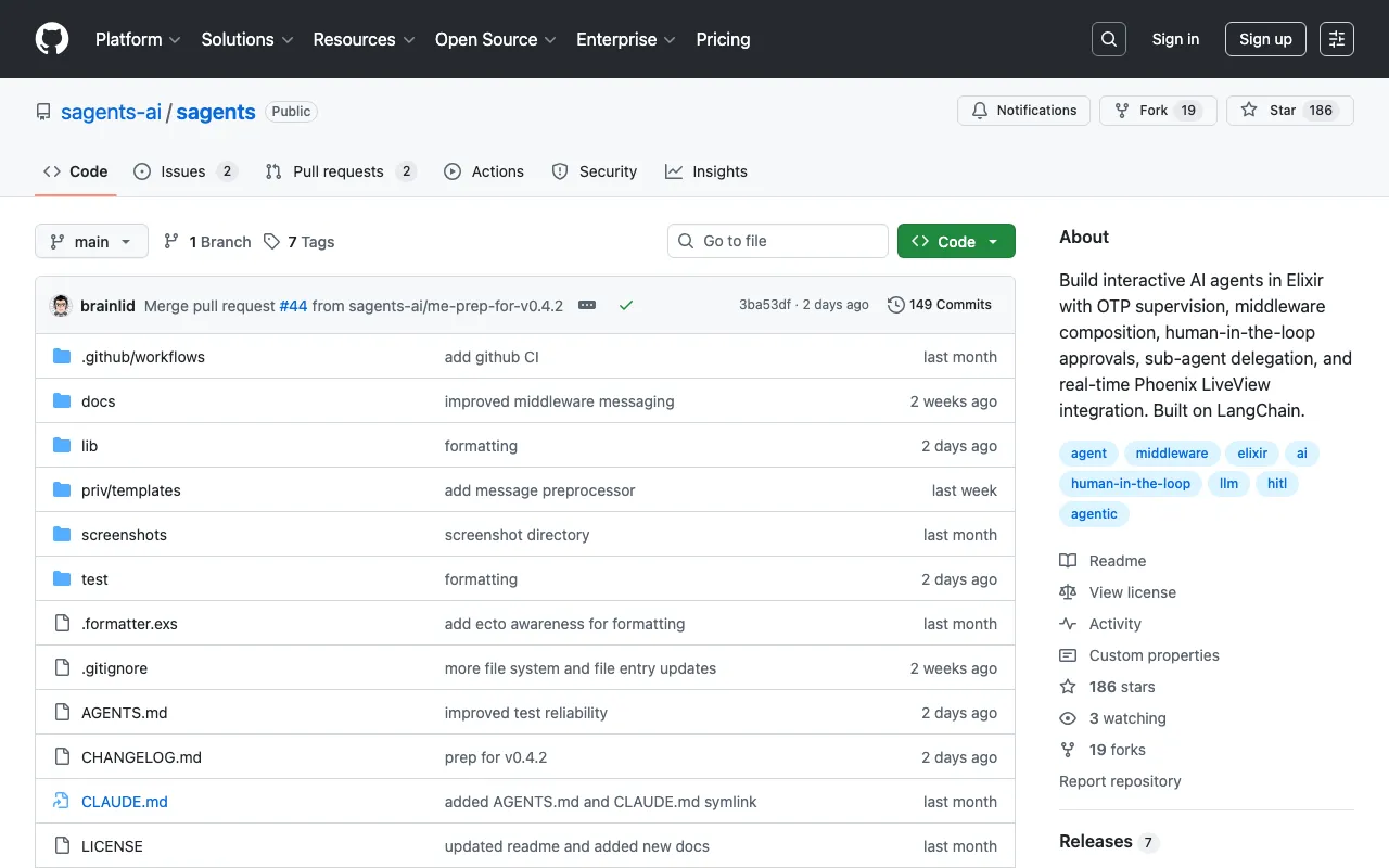 GitHub - sagents-ai/sagents: Build interactive AI agents in Elixir with OTP supervision, middleware composition, human-in-the-loop approvals, sub-agent delegation, and real-time Phoenix LiveView integration. Built on LangChain. · GitHub