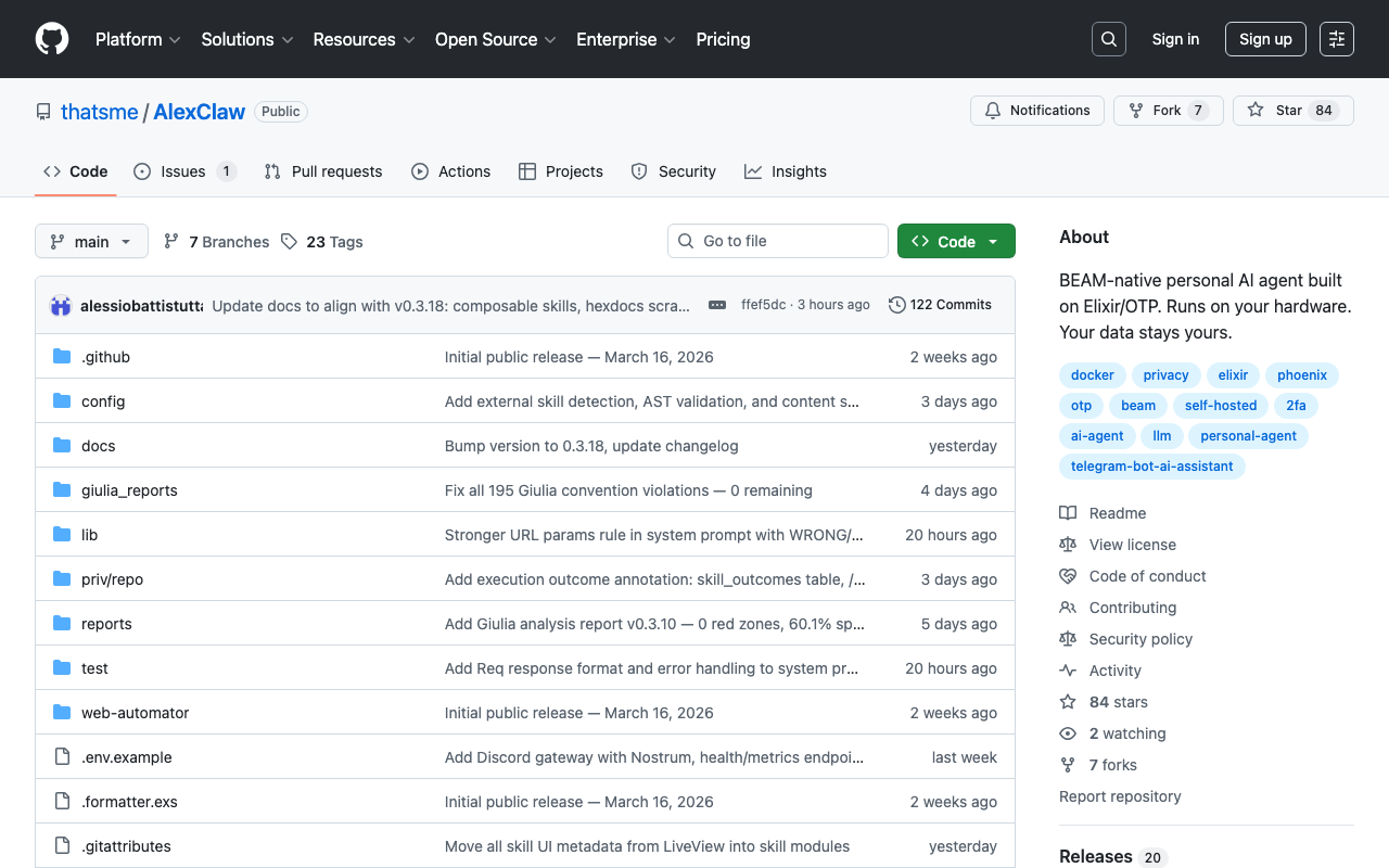 GitHub - thatsme/AlexClaw: BEAM-native personal AI agent built on Elixir/OTP. Runs on your hardware. Your data stays yours. · GitHub