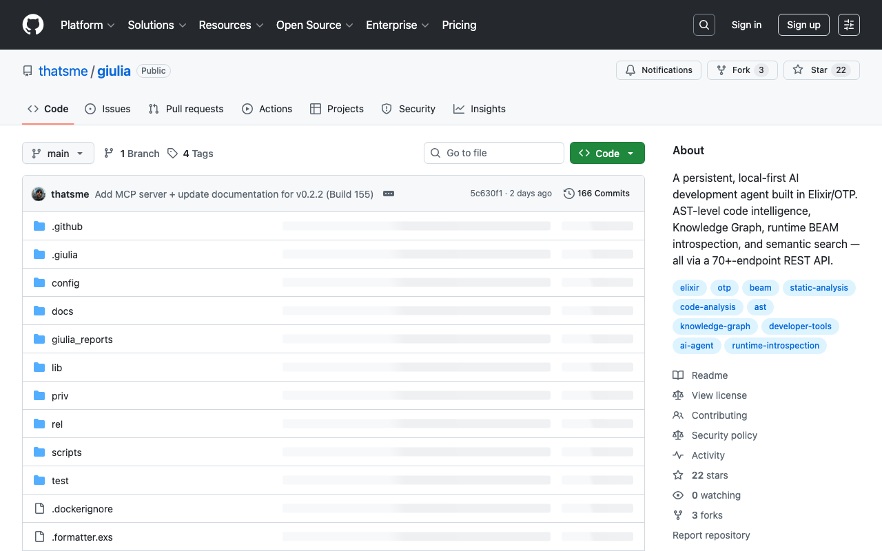 GitHub - thatsme/giulia: A persistent, local-first AI development agent built in Elixir/OTP. AST-level code intelligence, Knowledge Graph, runtime BEAM introspection, and semantic search — all via a 70+-endpoint REST API. · GitHub