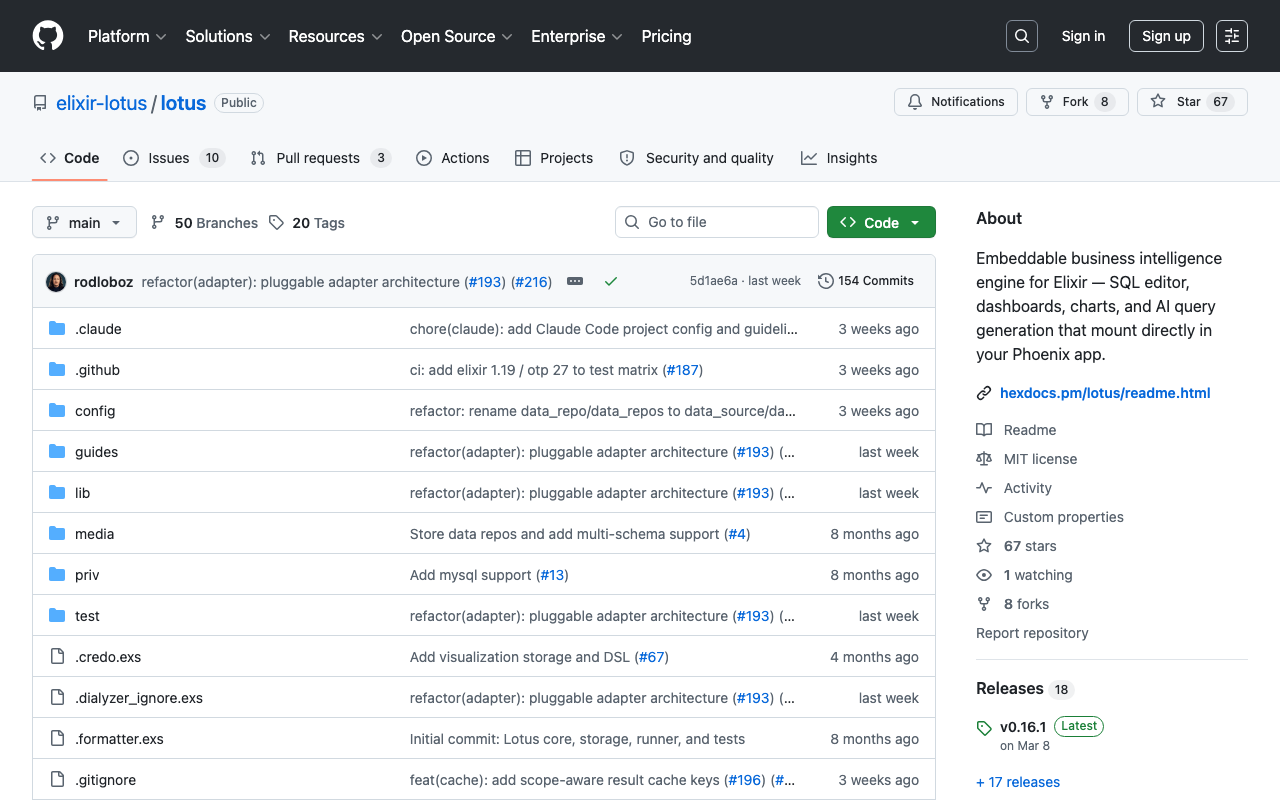 GitHub - elixir-lotus/lotus: Embeddable business intelligence engine for Elixir — SQL editor, dashboards, charts, and AI query generation that mount directly in   your Phoenix app. · GitHub