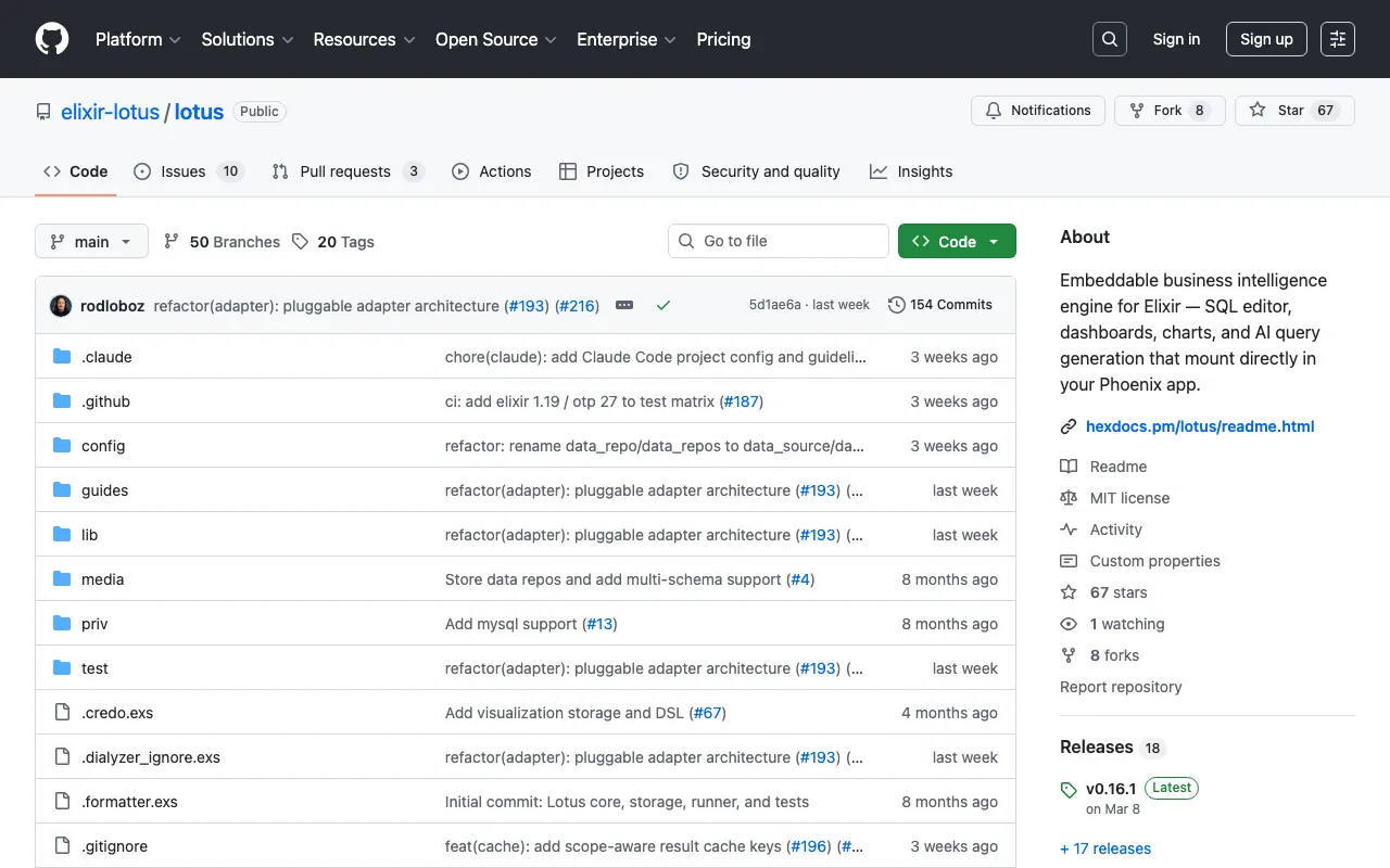 GitHub - elixir-lotus/lotus: Embeddable business intelligence engine for Elixir — SQL editor, dashboards, charts, and AI query generation that mount directly in   your Phoenix app. · GitHub