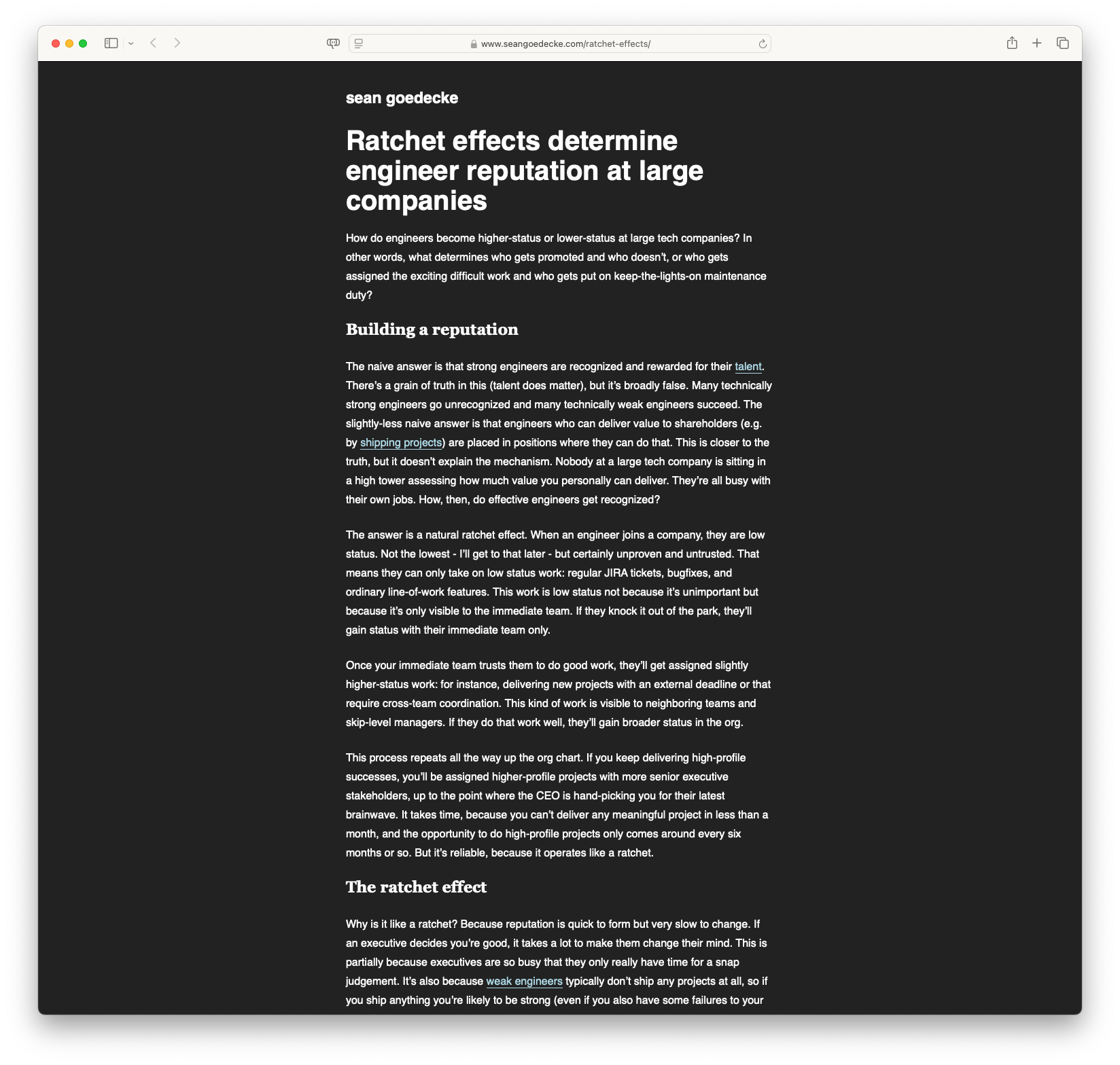 Ratchet effects determine engineer reputation at large companies