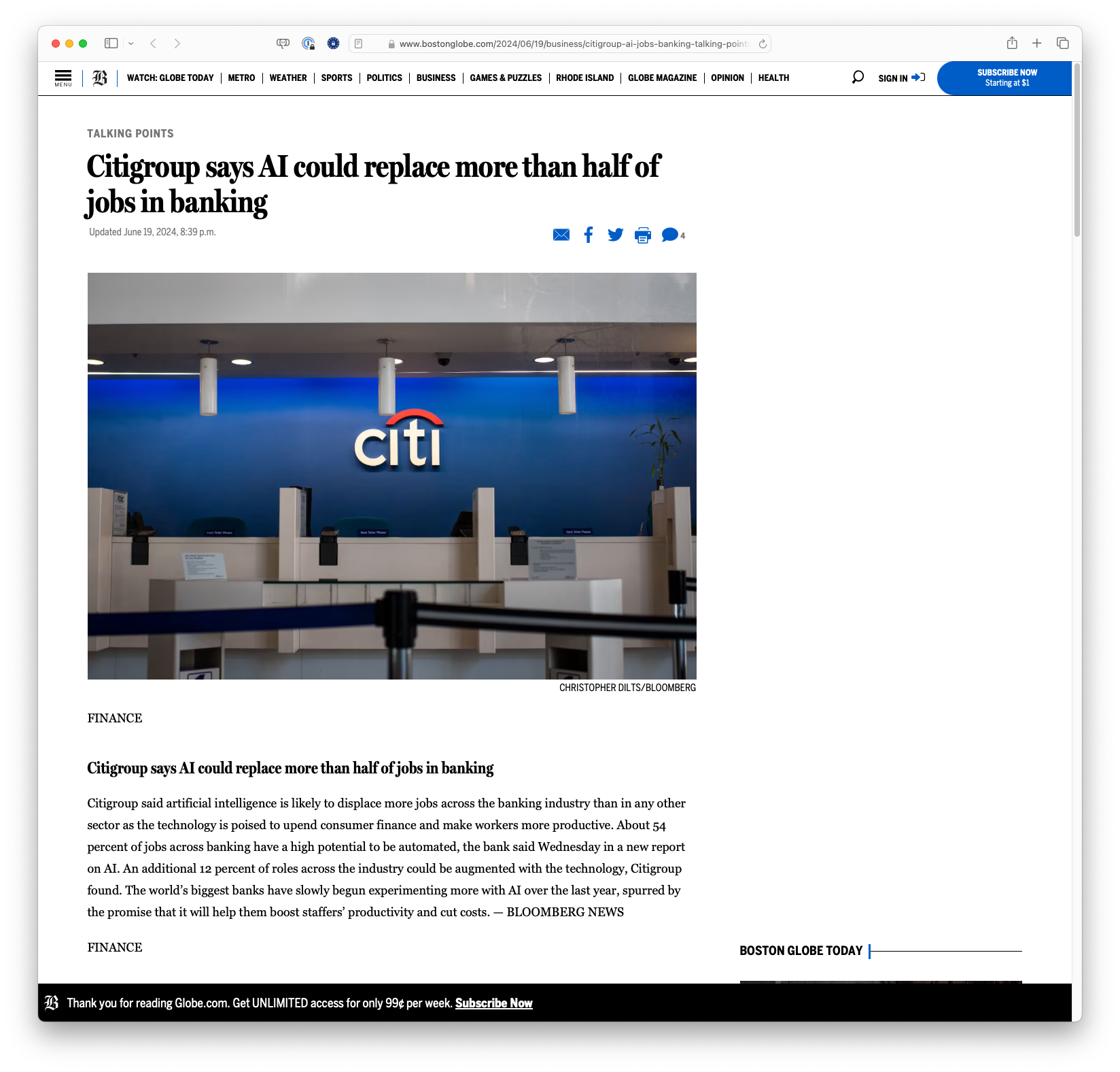 Citigroup says AI could replace more than half of jobs in banking