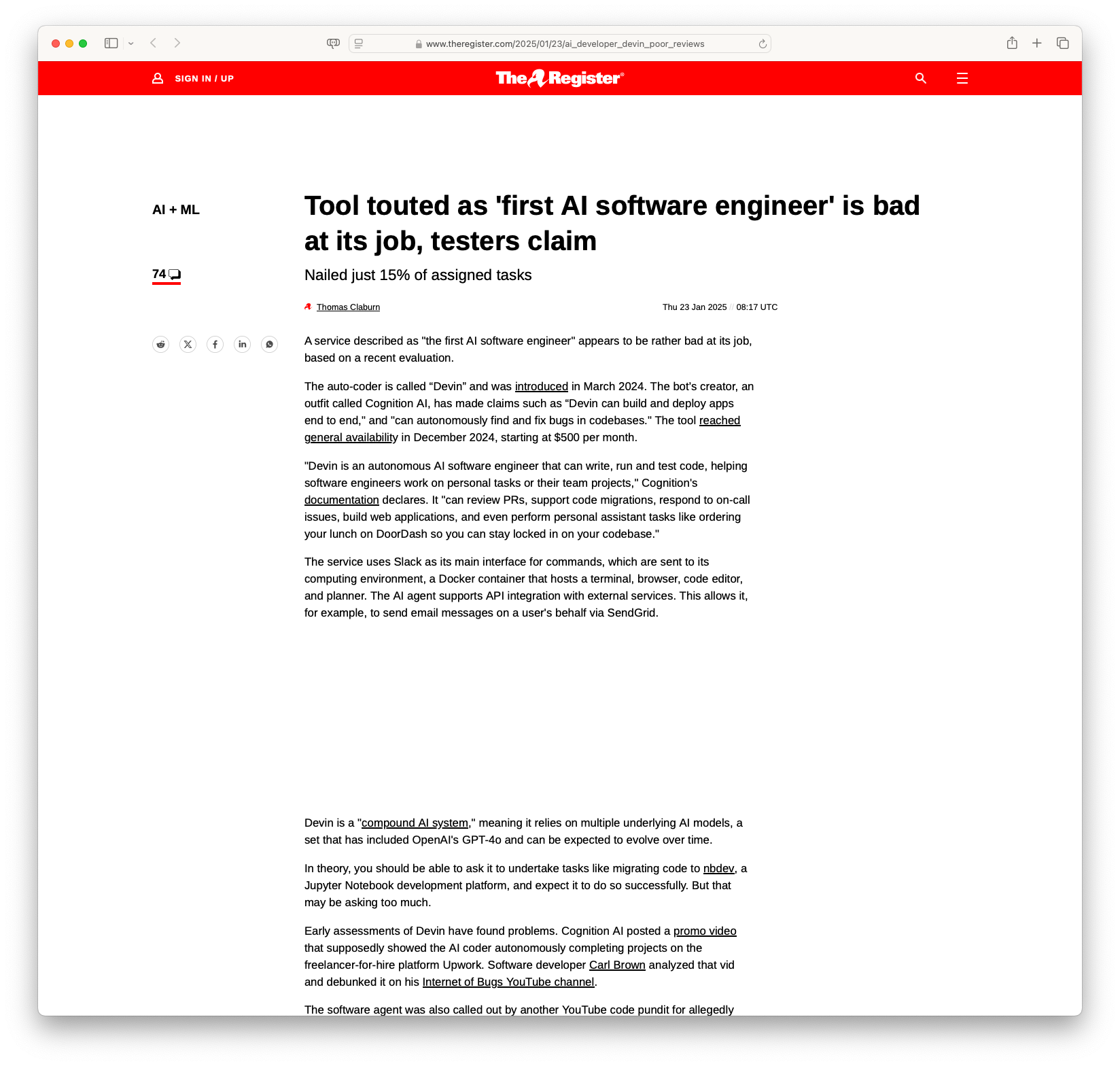 Tool touted as 'first AI software engineer' is bad at its job, testers claim