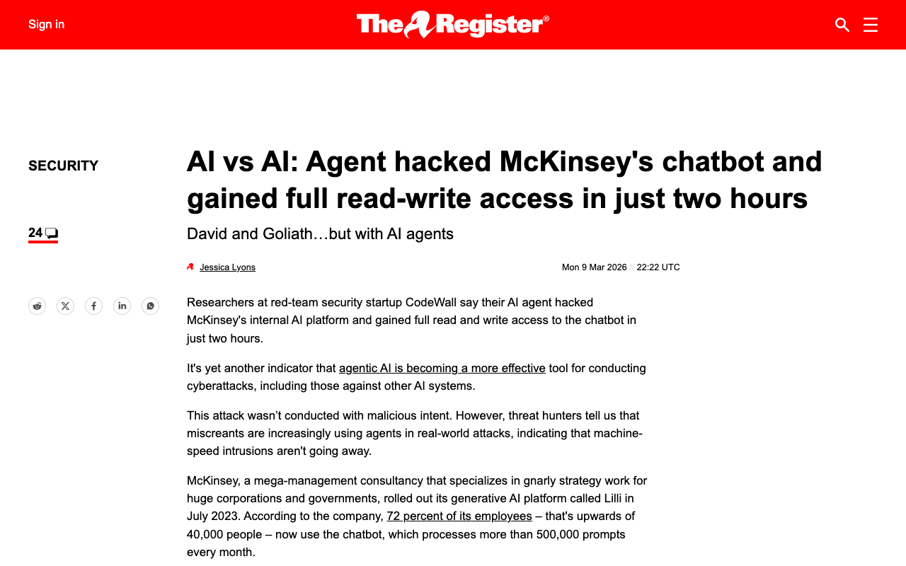 AI agent hacked McKinsey chatbot for read-write access • The Register