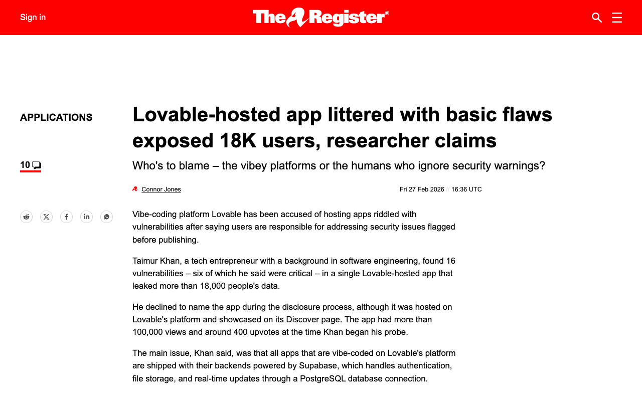 AI-built app on Lovable exposed 18K users, researcher claims • The Register