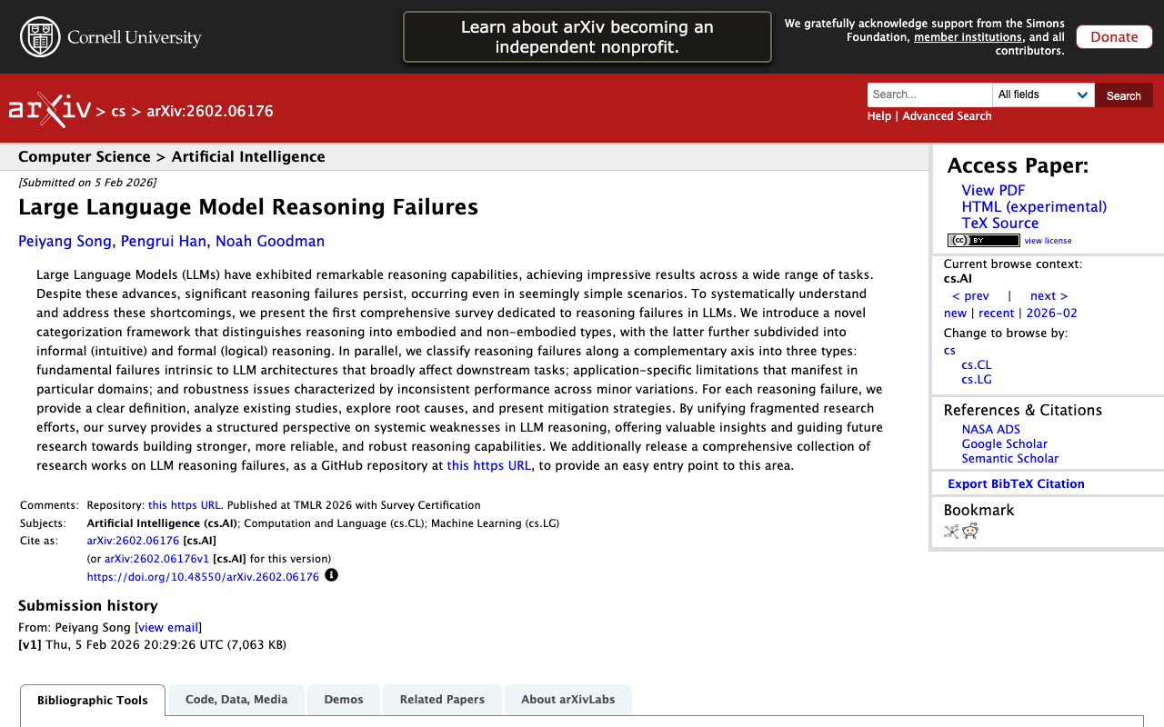 [2602.06176] Large Language Model Reasoning Failures