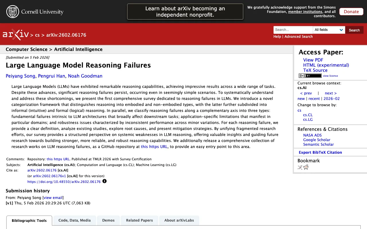 [2602.06176] Large Language Model Reasoning Failures