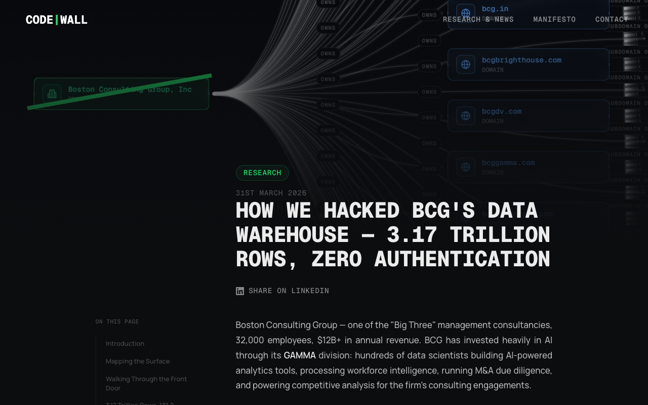 How We Hacked BCG's Data Warehouse — 3.17 Trillion Rows, Zero Authentication — CodeWall