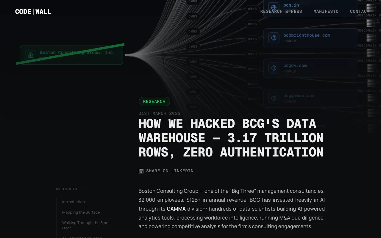 How We Hacked BCG's Data Warehouse — 3.17 Trillion Rows, Zero Authentication — CodeWall