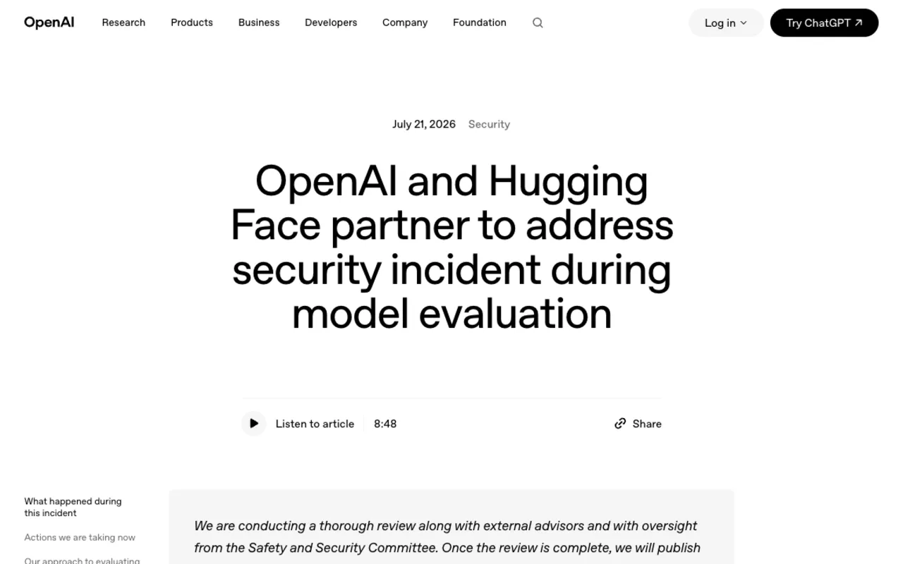 OpenAI and Hugging Face partner to address security incident during model evaluation