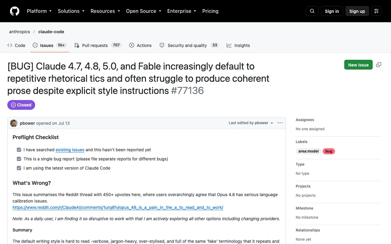 [BUG] Claude 4.7, 4.8, 5.0, and Fable increasingly default to repetitive rhetorical tics and often struggle to produce coherent prose despite explicit style instructions