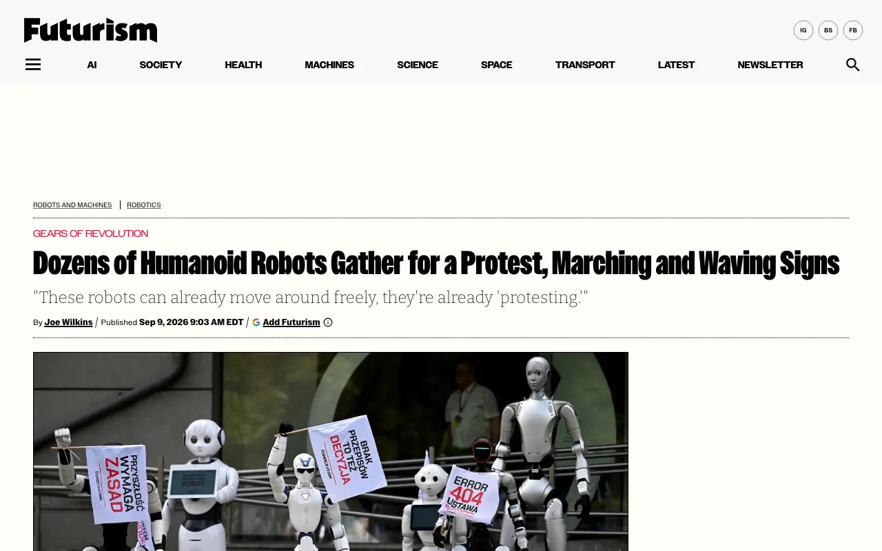Dozens of Humanoid Robots Gather for a Protest, Marching and Waving Signs
