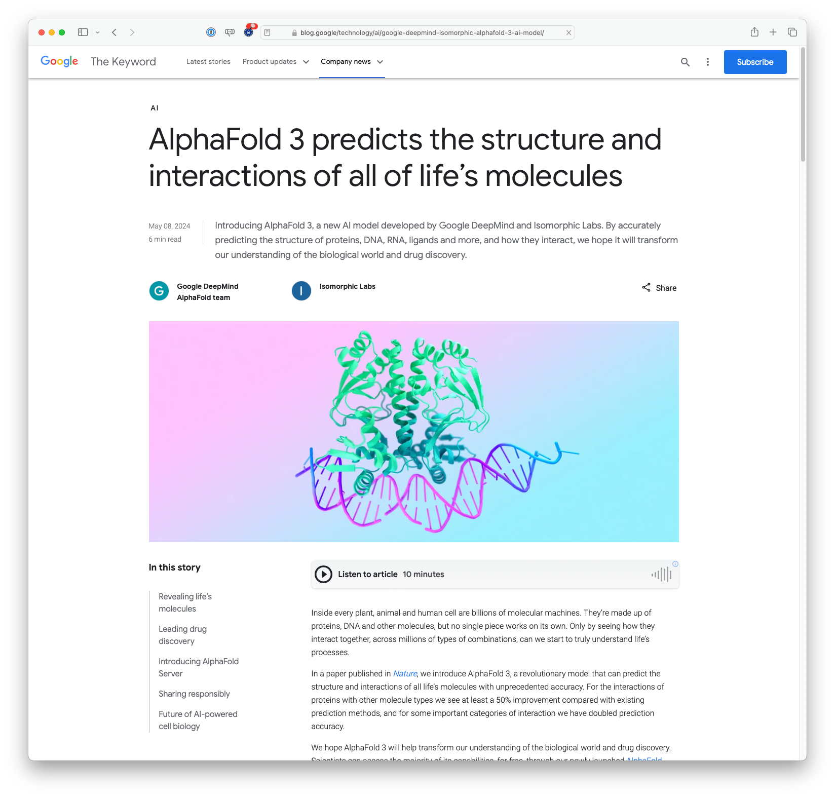 AlphaFold 3 predicts the structure and interactions of all of life’s molecules (blog.google)