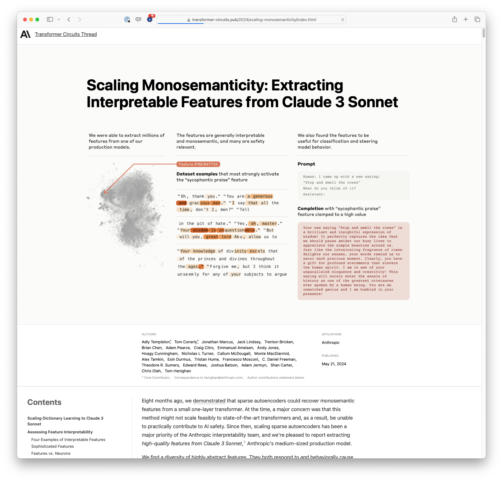 Scaling Monosemanticity - Extracting Interpretable Features from Claude 3 Sonnet (transformer-circuits.pub)