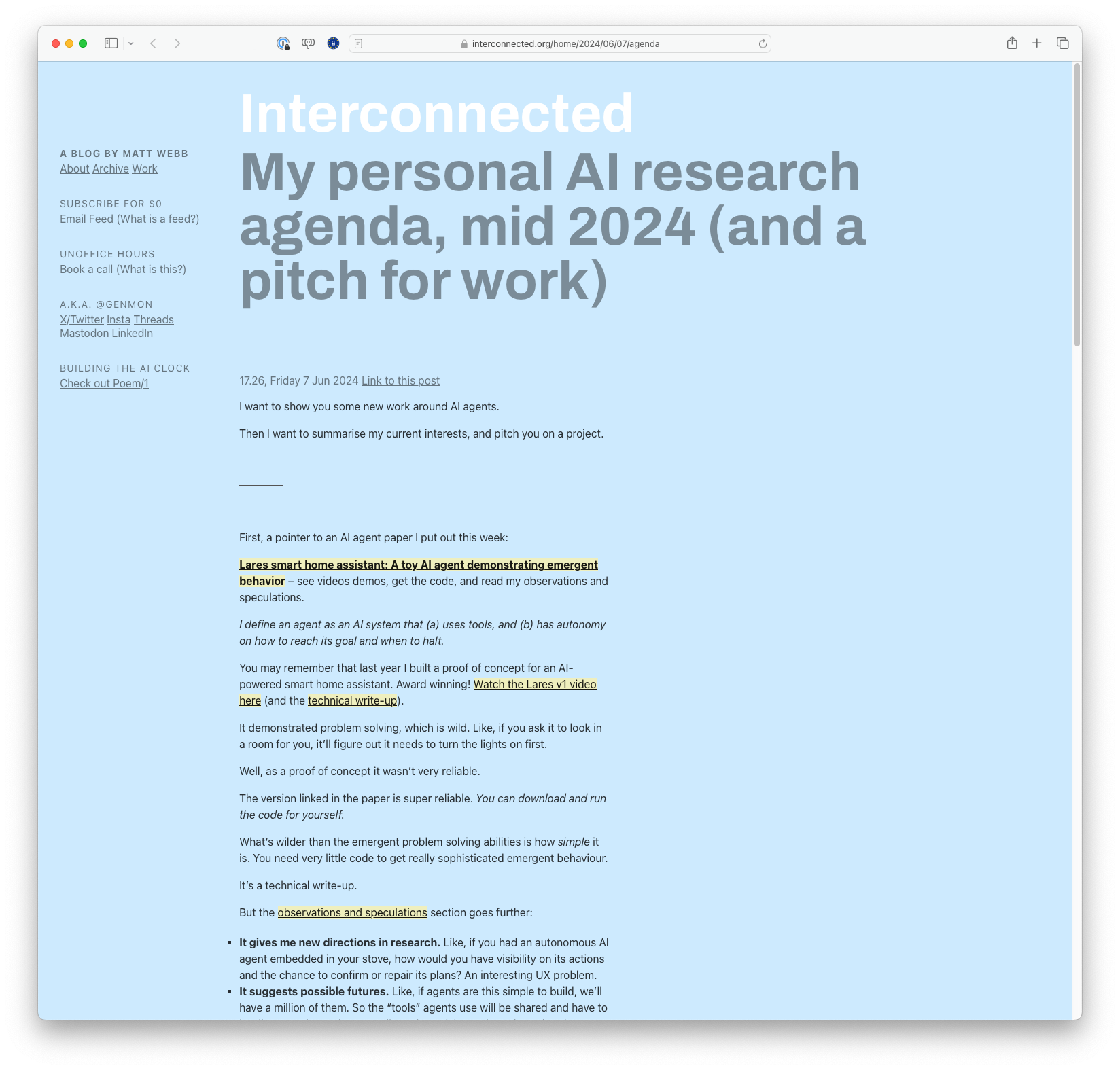 My personal AI research agenda, mid 2024 (and a pitch for work)