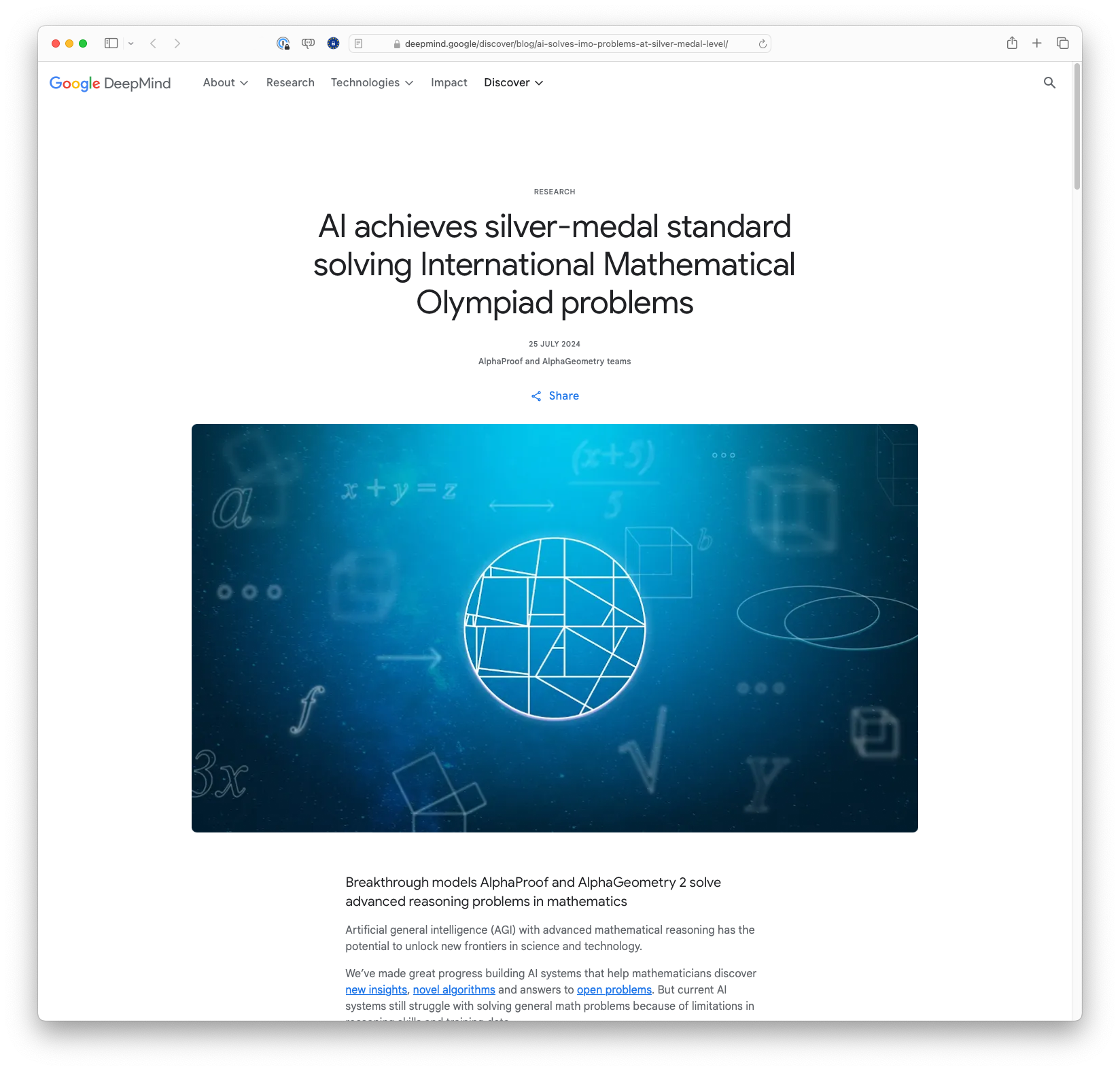 AI achieves silver-medal standard solving International Mathematical Olympiad problems