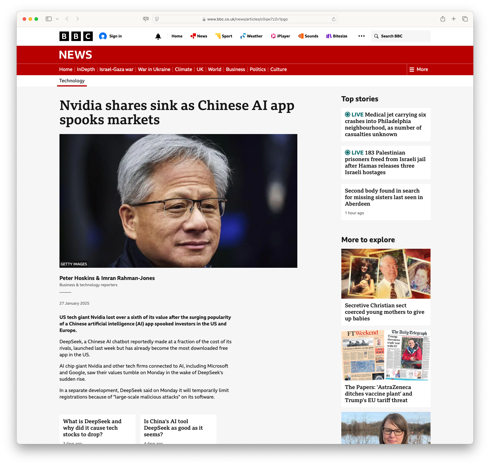 Nvidia shares sink as Chinese AI app spooks markets