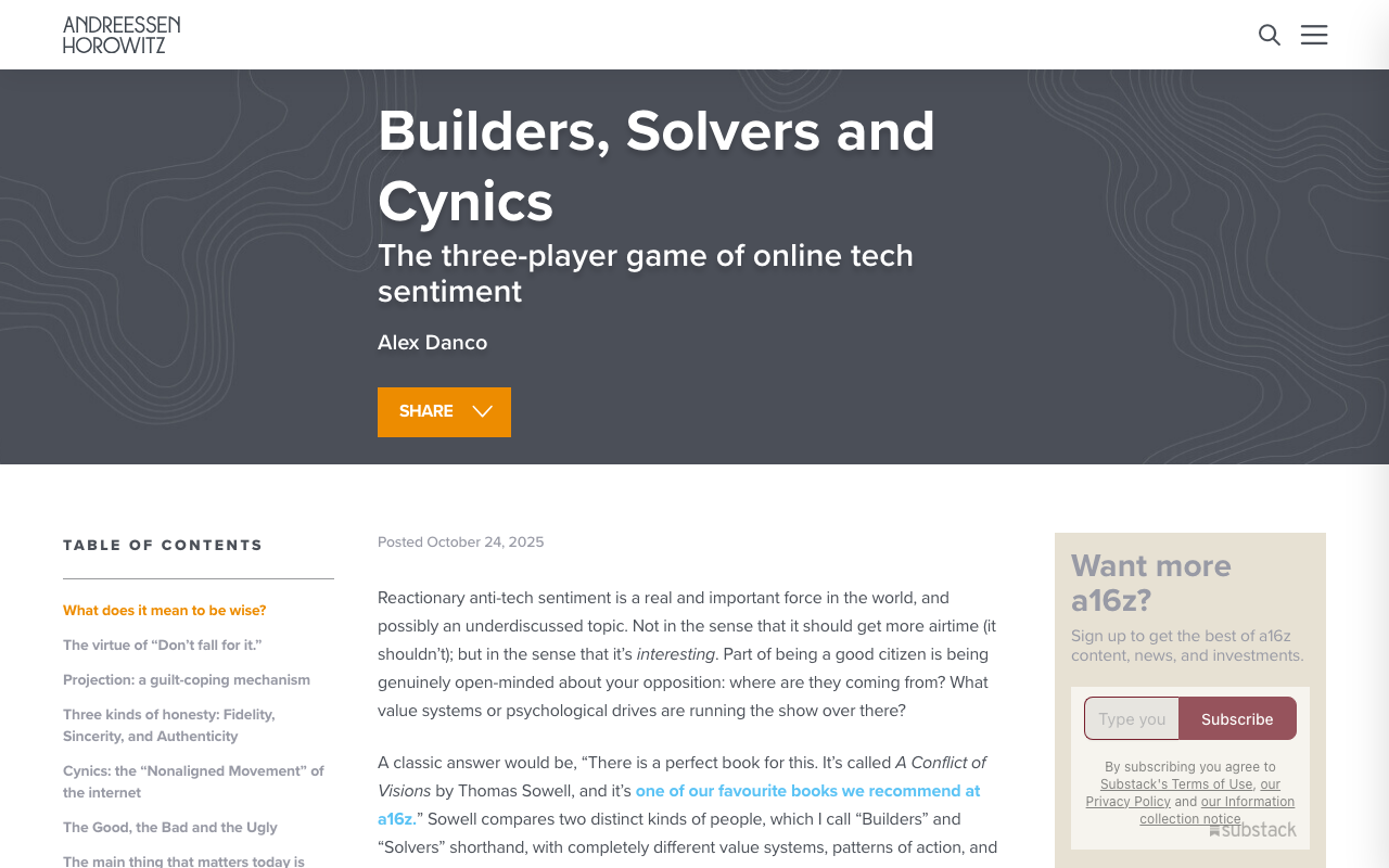 Builders, Solvers and Cynics