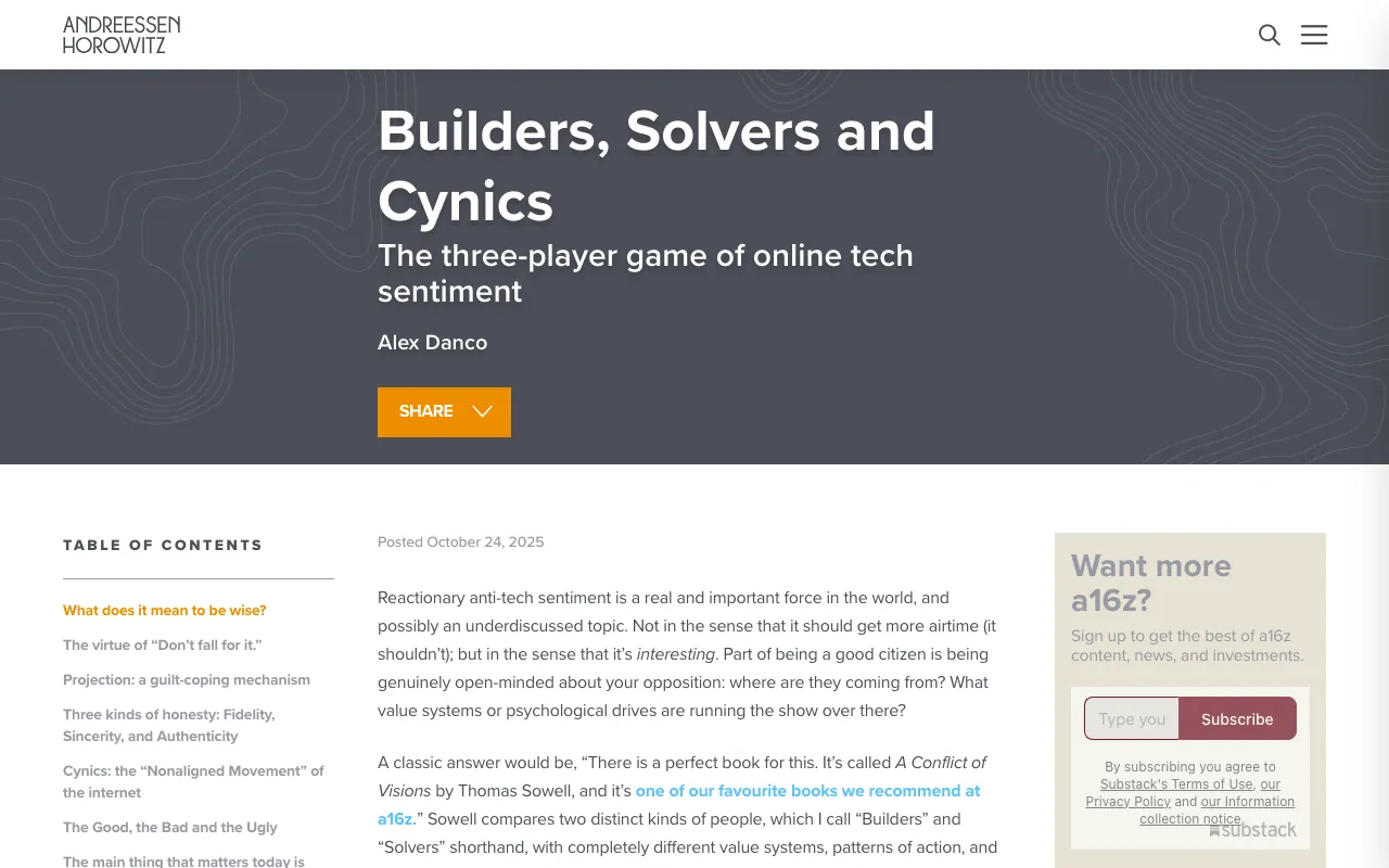 Builders, Solvers and Cynics