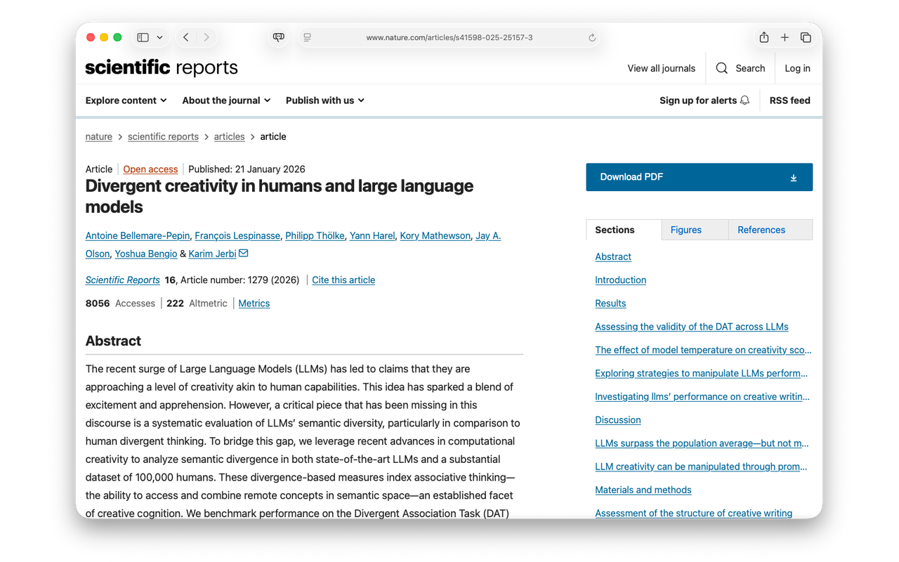 Divergent creativity in humans and large language models