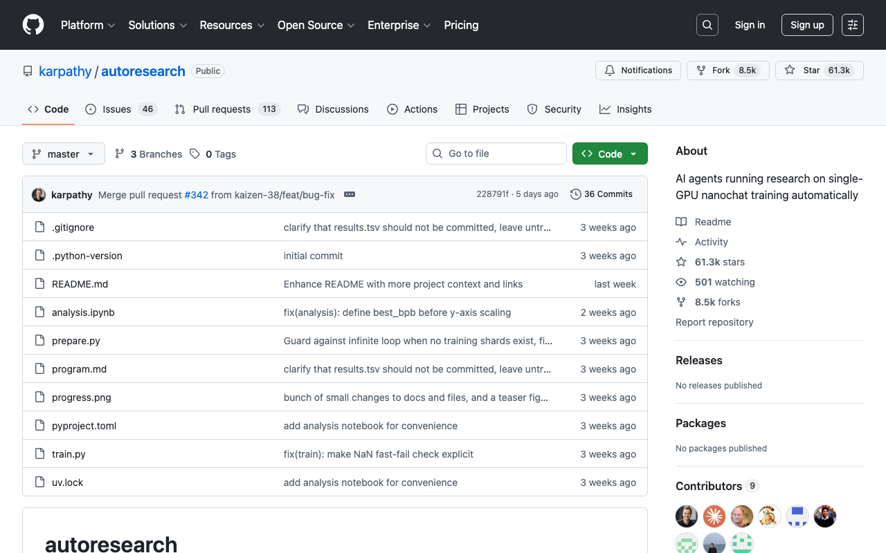 GitHub - karpathy/autoresearch: AI agents running research on single-GPU nanochat training automatically · GitHub