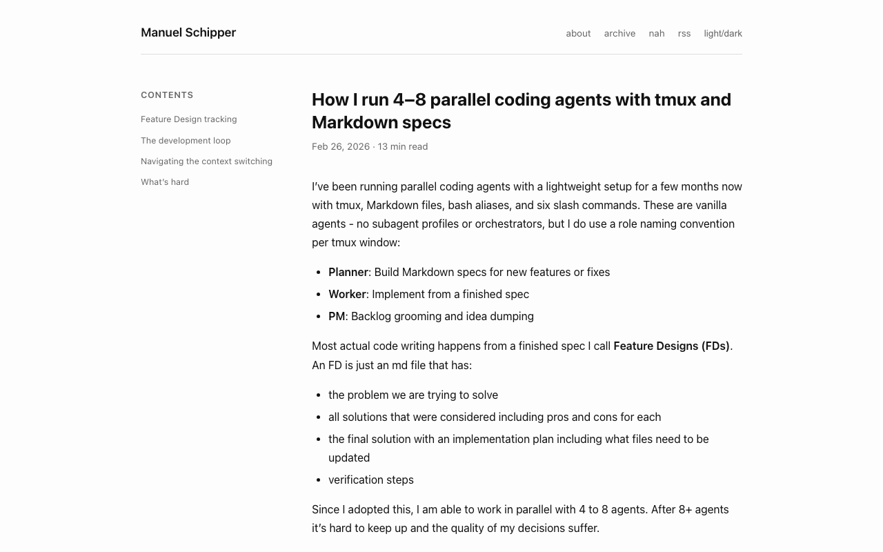 How I run 4–8 parallel coding agents with tmux and Markdown specs — Manuel Schipper
