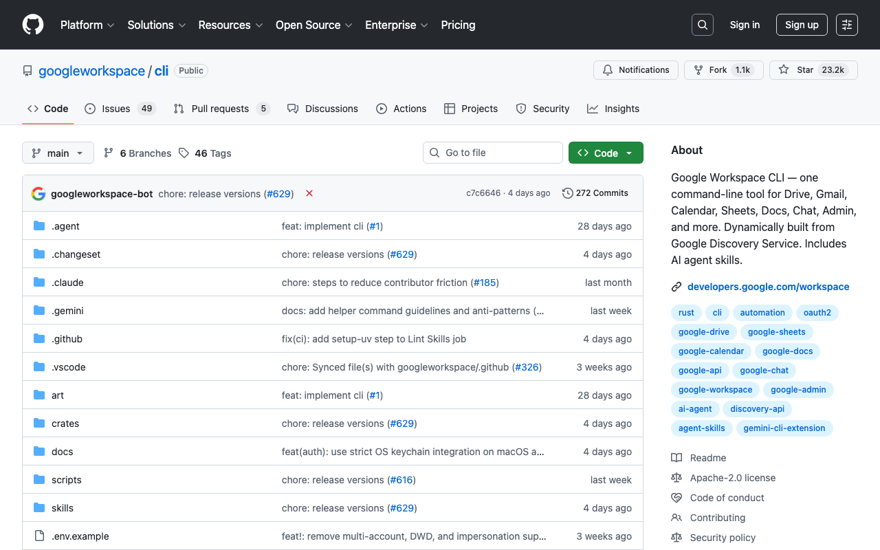 GitHub - googleworkspace/cli: Google Workspace CLI — one command-line tool for Drive, Gmail, Calendar, Sheets, Docs, Chat, Admin, and more. Dynamically built from Google Discovery Service. Includes AI agent skills. · GitHub