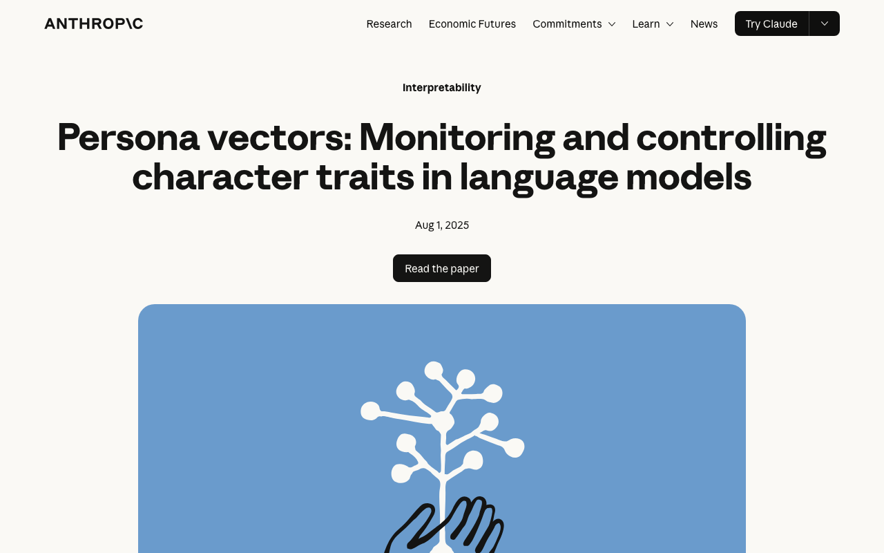 Persona vectors: Monitoring and controlling character traits in language models  Anthropic