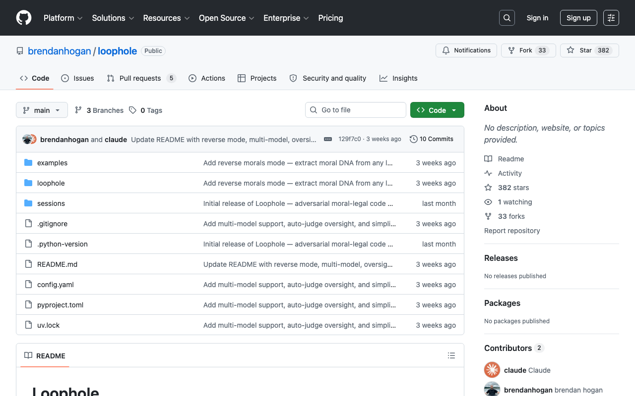 GitHub - brendanhogan/loophole: Adversarial moral-legal code system · GitHub
