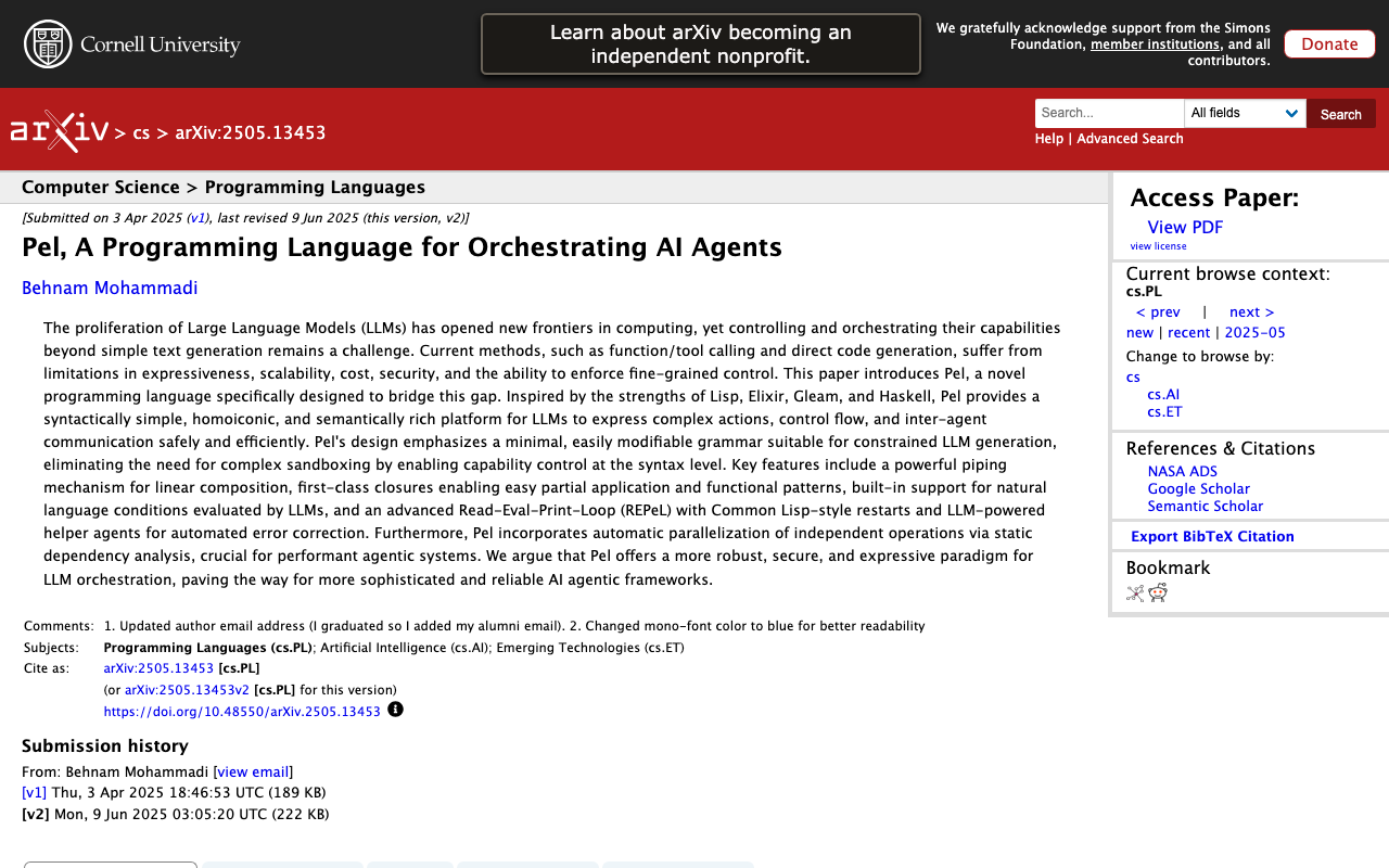 [2505.13453] Pel, A Programming Language for Orchestrating AI Agents