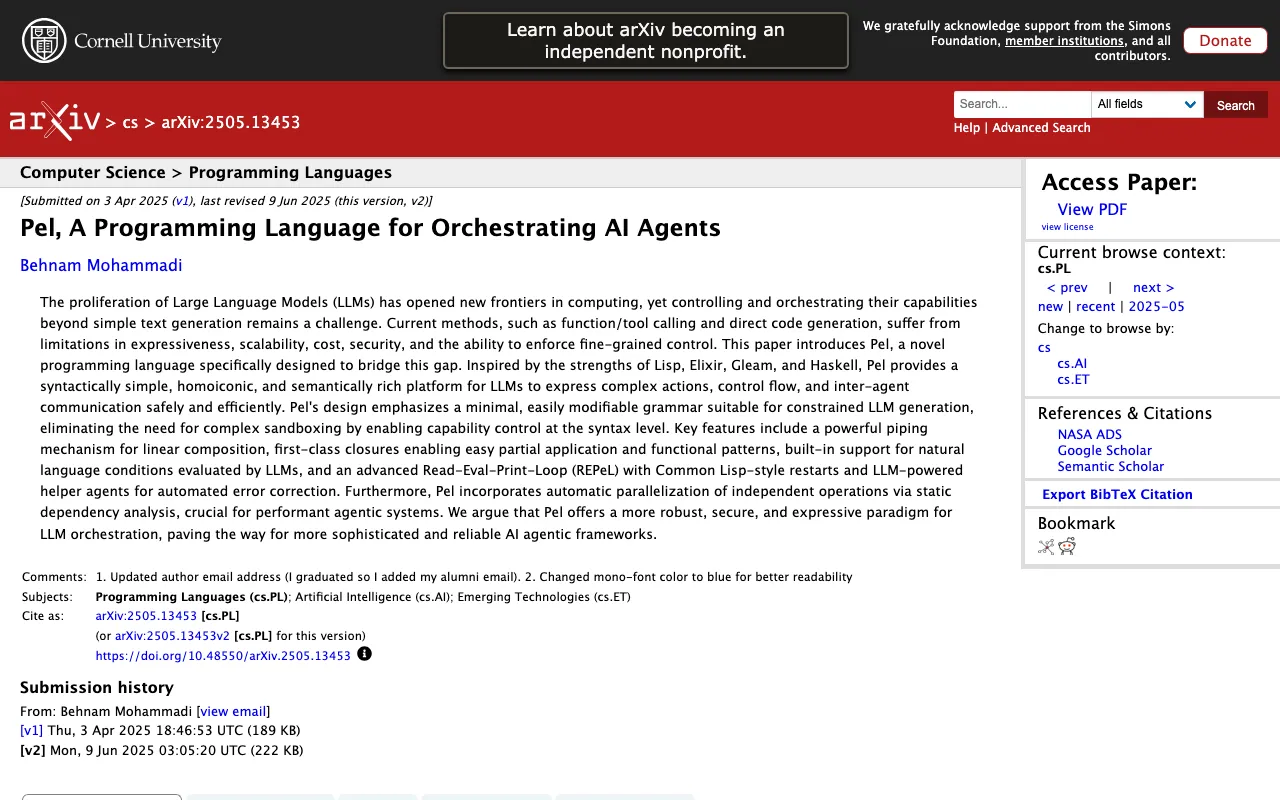 [2505.13453] Pel, A Programming Language for Orchestrating AI Agents