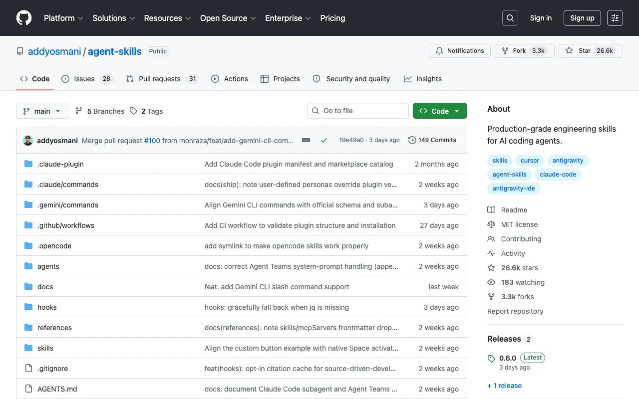 GitHub - addyosmani/agent-skills: Production-grade engineering skills for AI coding agents. · GitHub