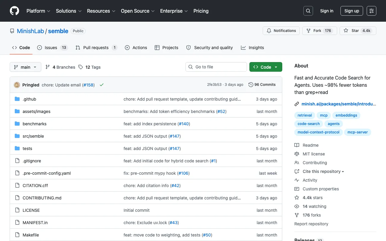 GitHub - MinishLab/semble: Fast and Accurate Code Search for Agents. Uses ~98% fewer tokens than grep+read · GitHub