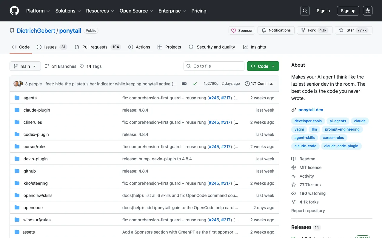 GitHub - DietrichGebert/ponytail: Makes your AI agent think like the laziest senior dev in the room. The best code is the code you never wrote. · GitHub