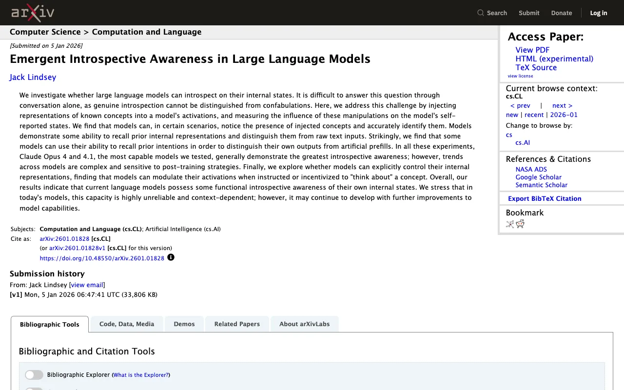 [2601.01828] Emergent Introspective Awareness in Large Language Models