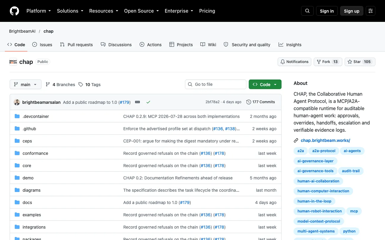 BrightbeamAI/chap: CHAP, the Collaborative Human Agent Protocol, is a MCP/A2A-compatible runtime for auditable human-agent work: approvals, overrides, handoffs, escalation and verifiable evidence logs.