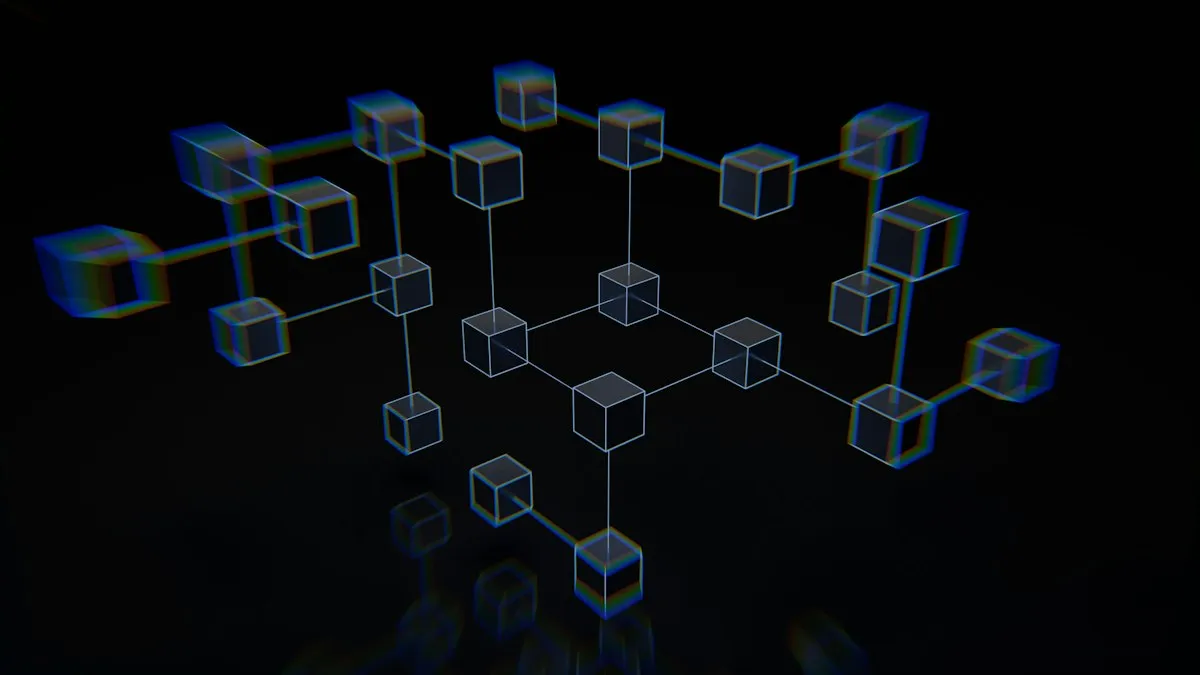 Translucent cubes joined by thin lines into a network, glowing faintly on a black background