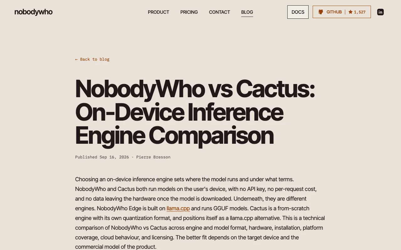 NobodyWho vs Cactus: On-Device Inference Engine Comparison