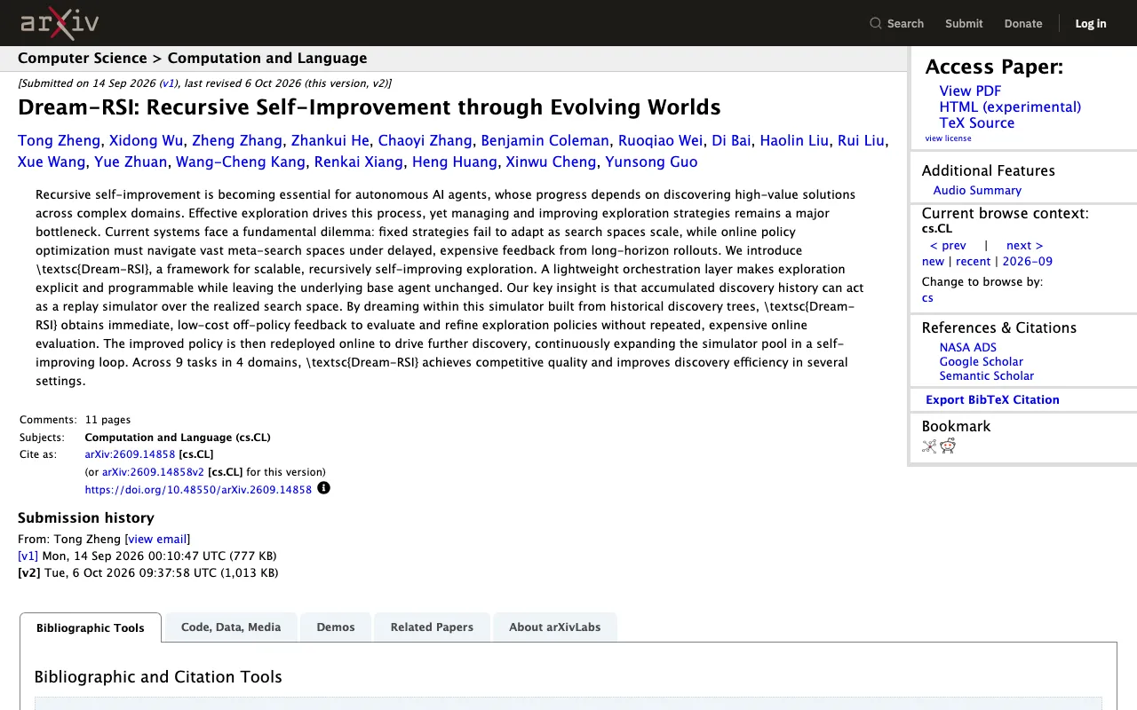 [2609.14858] Dream-RSI: Recursive Self-Improvement through Evolving Worlds