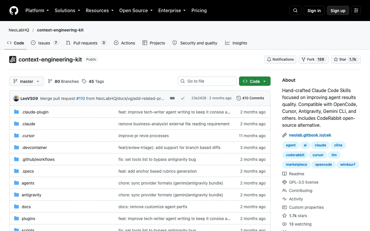 NeoLabHQ/context-engineering-kit: Hand-crafted Claude Code Skills focused on improving agent results quality. Compatible with OpenCode, Cursor, Antigravity, Gemini CLI, and others. Includes CodeRabbit open-source alternative.