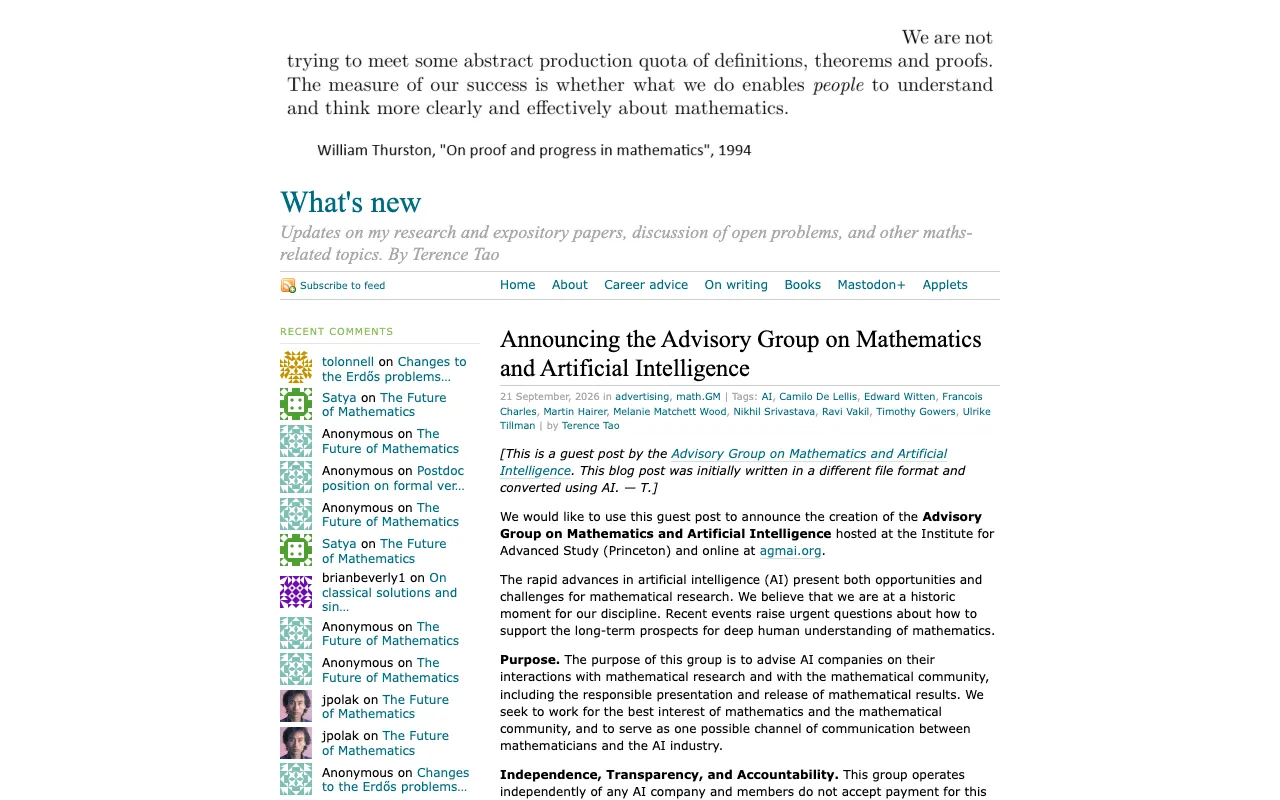 Announcing the Advisory Group on Mathematics and Artificial Intelligence