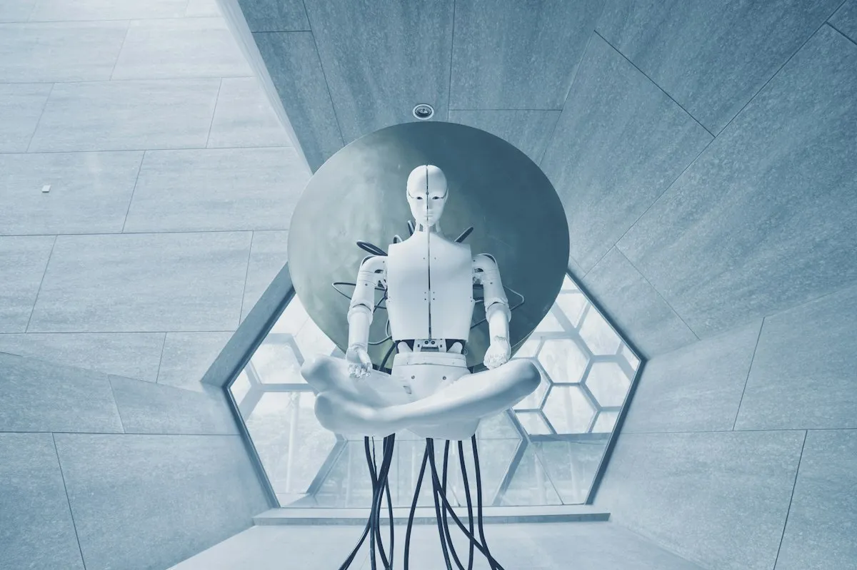 A white humanoid robot sitting cross-legged in front of a large disc, cables trailing beneath it