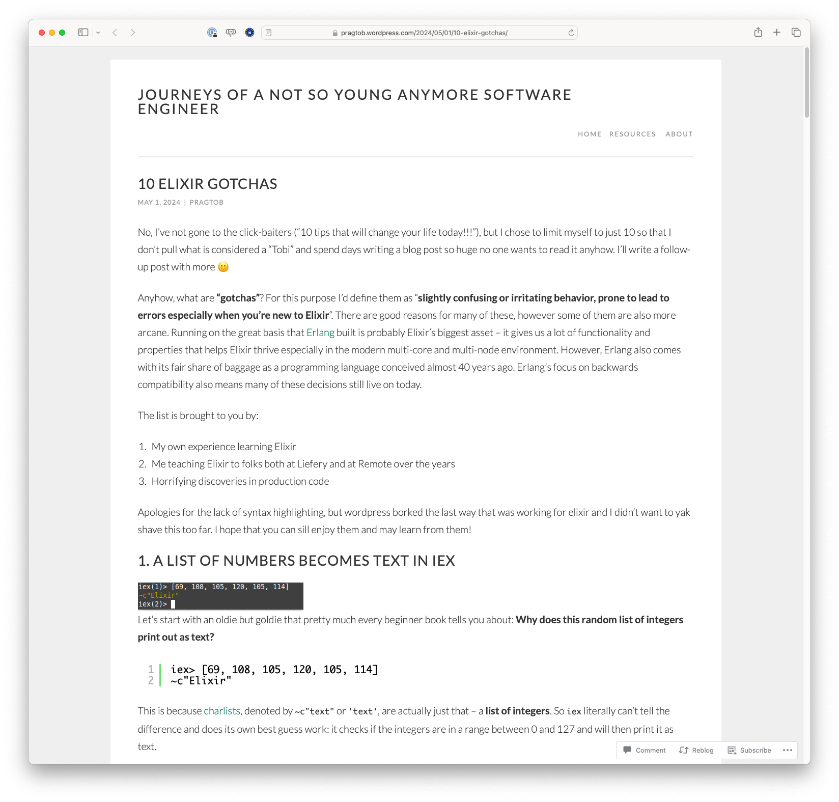10 Elixir gotchas – Journeys of a not so young anymore Software Engineer (pragtob.wordpess.com)