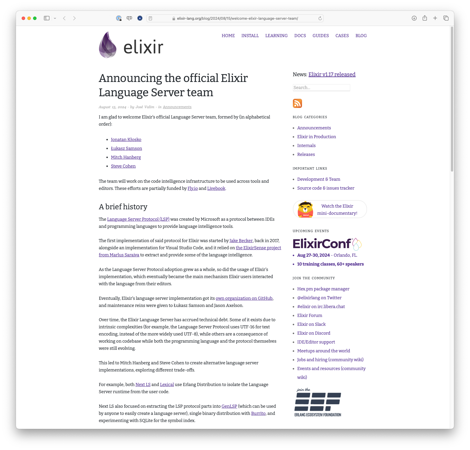 Announcing the official Elixir Language Server team
