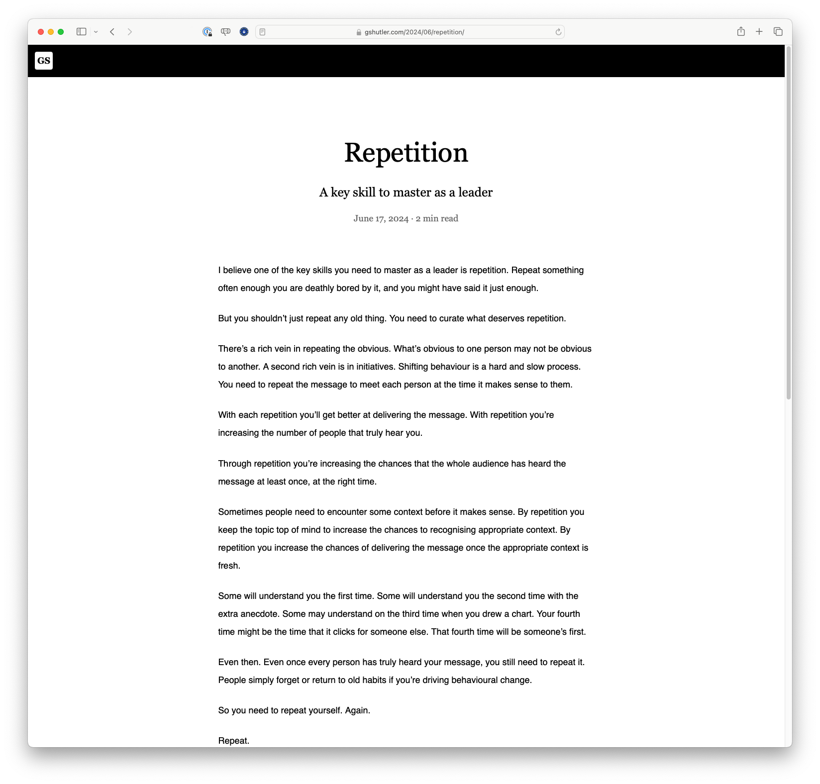 Repetition: A Key Skill to Master as a Leader