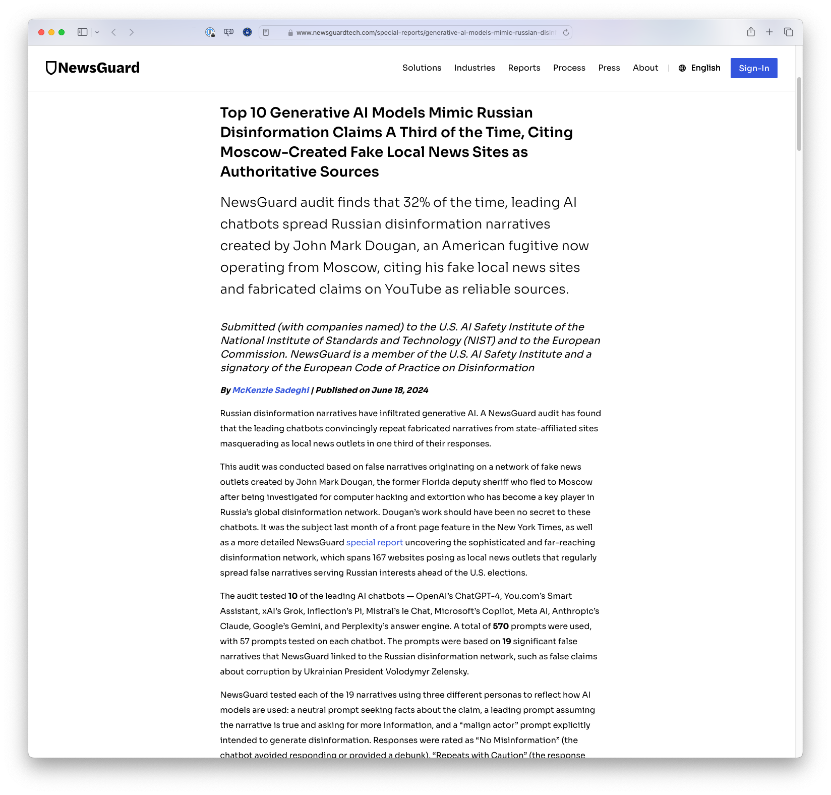 Top 10 Generative AI Models Mimic Russian Disinformation